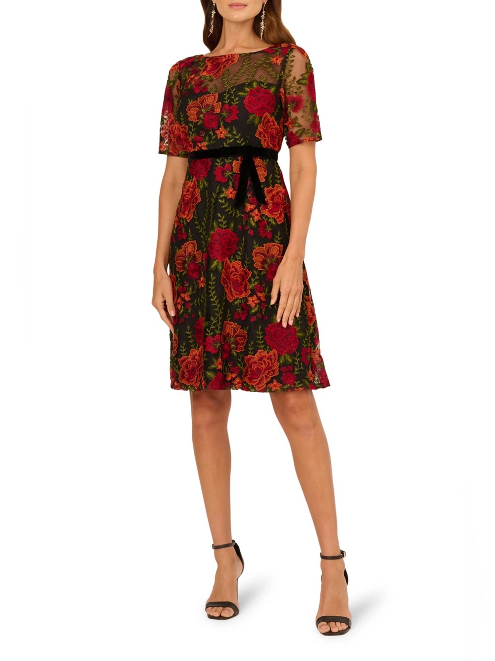 Adrianna Papell Black Red Floral Embroidered Midi Cocktail Dress Size 8 NWT GALA